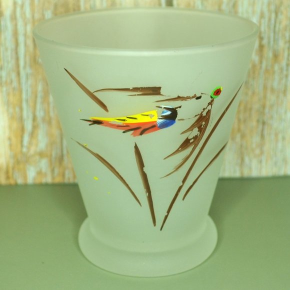 Set Of 5 Frosted Drink Glasses Stylized Bird Motif 3 Inch Tall Home And Camp MCM - Picture 9 of 11